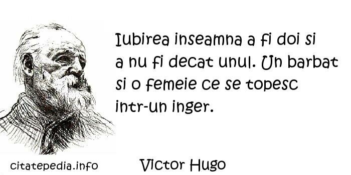 Victor Hugo - Iubirea inseamna a fi doi si a nu fi decat unul. Un barbat si o femeie ce se topesc intr-un inger.