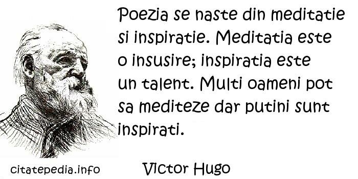 Victor Hugo - Poezia se naste din meditatie si inspiratie. Meditatia este o insusire; inspiratia este un talent. Multi oameni pot sa mediteze dar putini sunt inspirati.